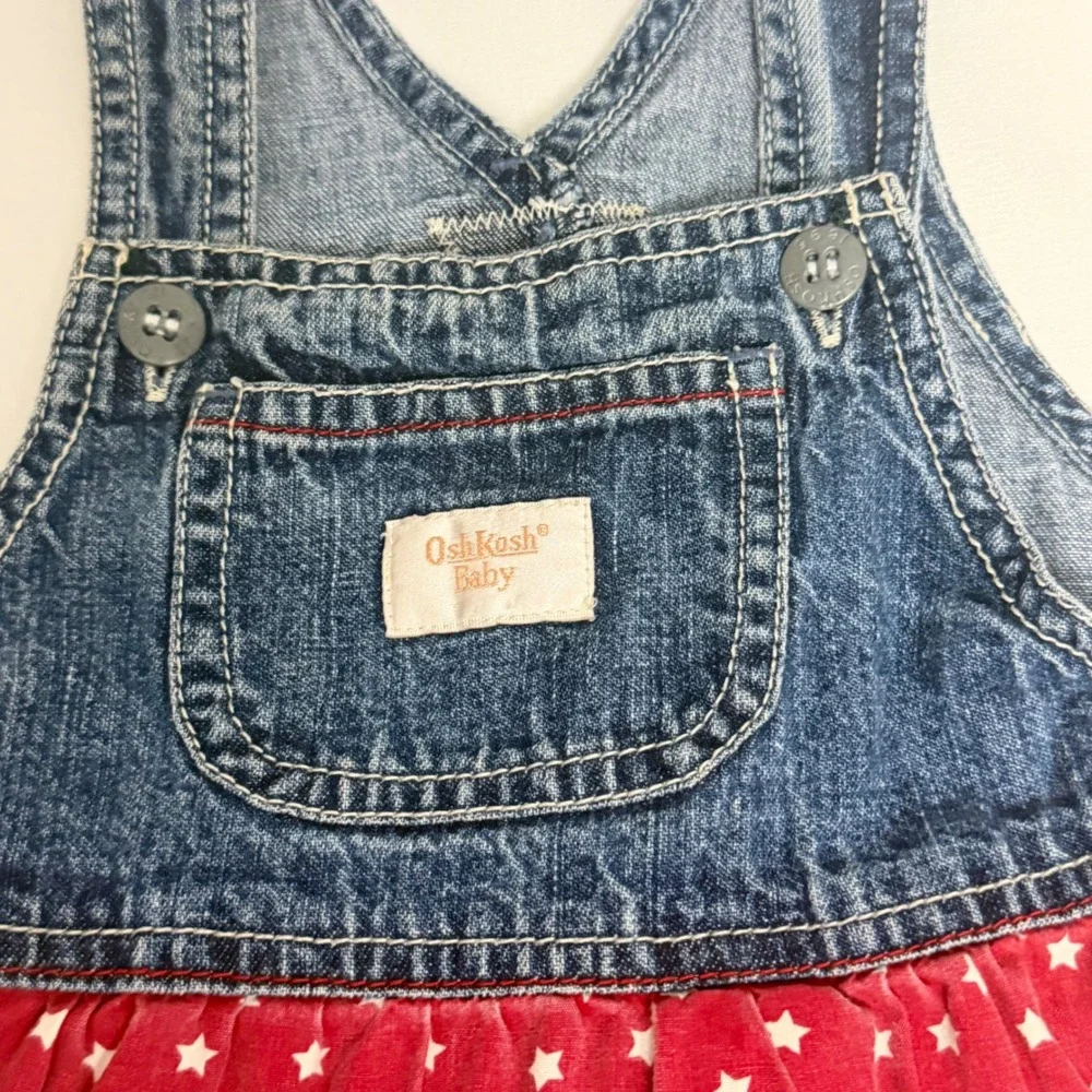 OshKosh Baby Girls Patriotic Denim Tiered Star Gingham Jumper Dress 3-6M Y2K